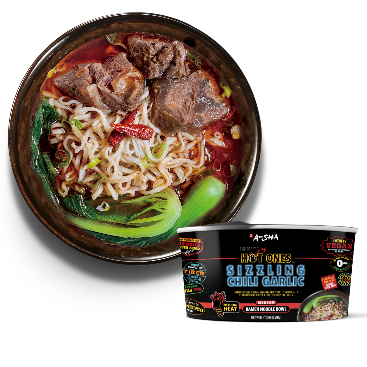 サクサク A-Sha x Hot Ones Sizzling Chili Garlic Ramen Noodles 6PK | A-Sha