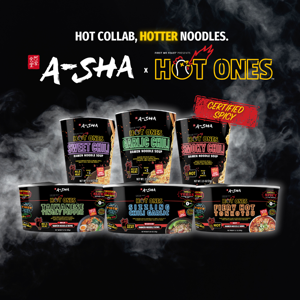 A-Sha x Hot Ones Sizzling Chili Garlic Ramen Noodles 6PK | A-Sha